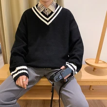 ^#Cheap Autumn Sweater Men's Fashion Contrast Color Casual V-neck Knit Sweater Man Streetwear Wild Loose Long-sleeved Pullover Men ^#Cheap Autumn Sweater Men's Fashion Contrast Color Casual V-neck Knit Sweater Man Streetwear Wild Loose Long-sleeved Pullover Men