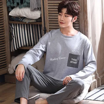 

Cotton Pajama Men Cartoon Long Sleeve Home Clothes Plus Size 3XL Sleepwear Nightwear 2PCS Print Shirt&Pant Sleep Pyjama Suit