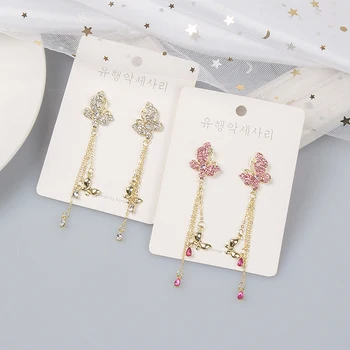 

MWSONYA New Korean Full Rhinestone Butterfly Long Drop Earrings for Women Bow-knot Students Fashion Temperament Party Jewelry