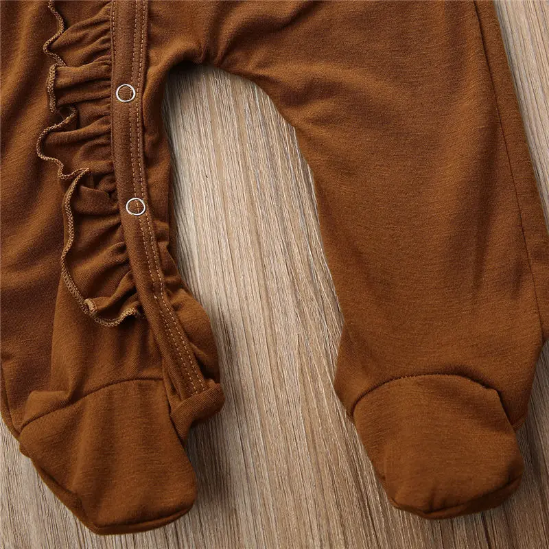 Осенняя одежда с рюшами для маленьких девочек от 0 до 18 месяцев коричневый комбинезон с длинными рукавами для новорожденных, одежда для маленьких девочек
