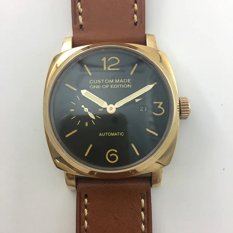 

Watch Men Automatic Mechanical 47mm Leather Strap Luminous Black Dial PVD Case Military Waterproof GMT Watch OUMASHI