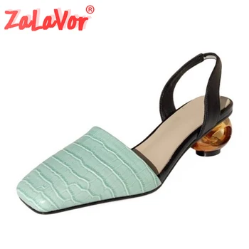 

ZALAVOR Genuine Leather Shoes Square Toe Sandals Crystal Strange Heels Women Shoes Stone Pattern Summer Shoes Size 33-40