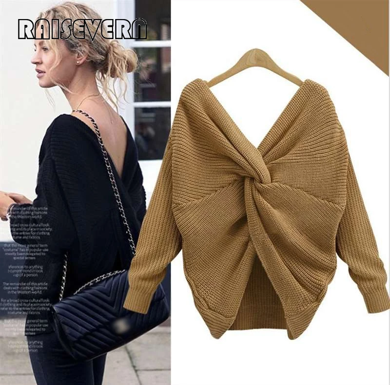 

2019 New Sweater Women Autumn Winter Sexy Backless Cross Tie Knot Pullover Jumper Knitting Loose Clothes Short Knitting Pullover
