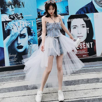 

SuperAen Europe 2020 Spring New Mesh Skirts Women Wild Casual Fashion Ladies Skirts Irregular Solid Color Skirts Female