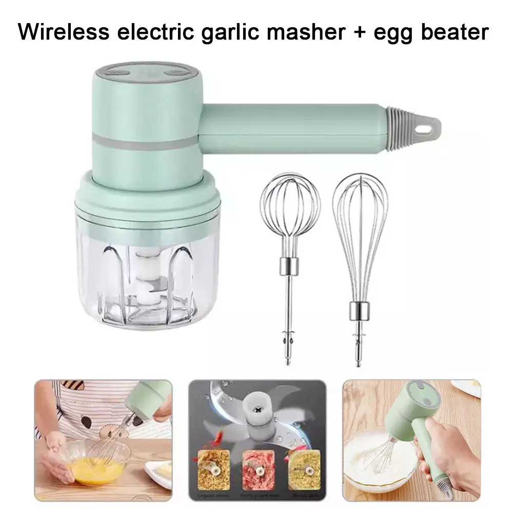 Usb 2 In 1 Wireless Electric Garlic Chopper Whisk Egg Beater With Stirring Rods Kitchen Handheld Mixer