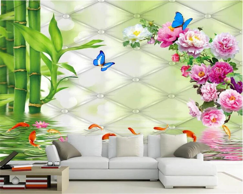 

beibehang Customized high-end European soft package rose wallpaper fresh green rich bamboo peony carp decoration 3D background
