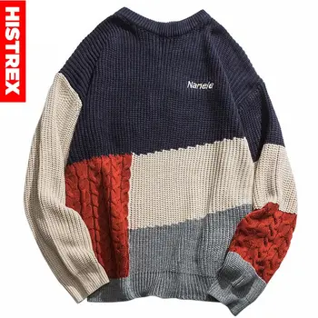 

Men Hip Hop Pullover Sweater Streetwear Harajuku Retro Color Block Patchwork Knitted Striped Sweater Autumn 2020 Sweater Cotton