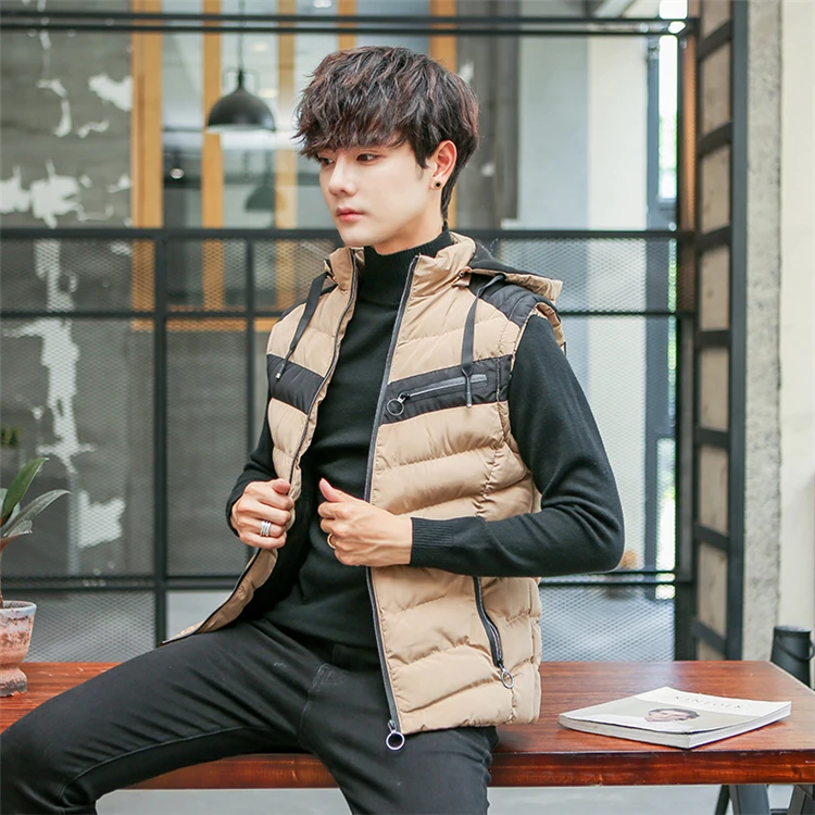 Autumn Winter Men's Vest New Casual Warm Sleeveless Jacket Hooded Stand-Collar Windproof Cotton-Padded Waistcoat Patchwork