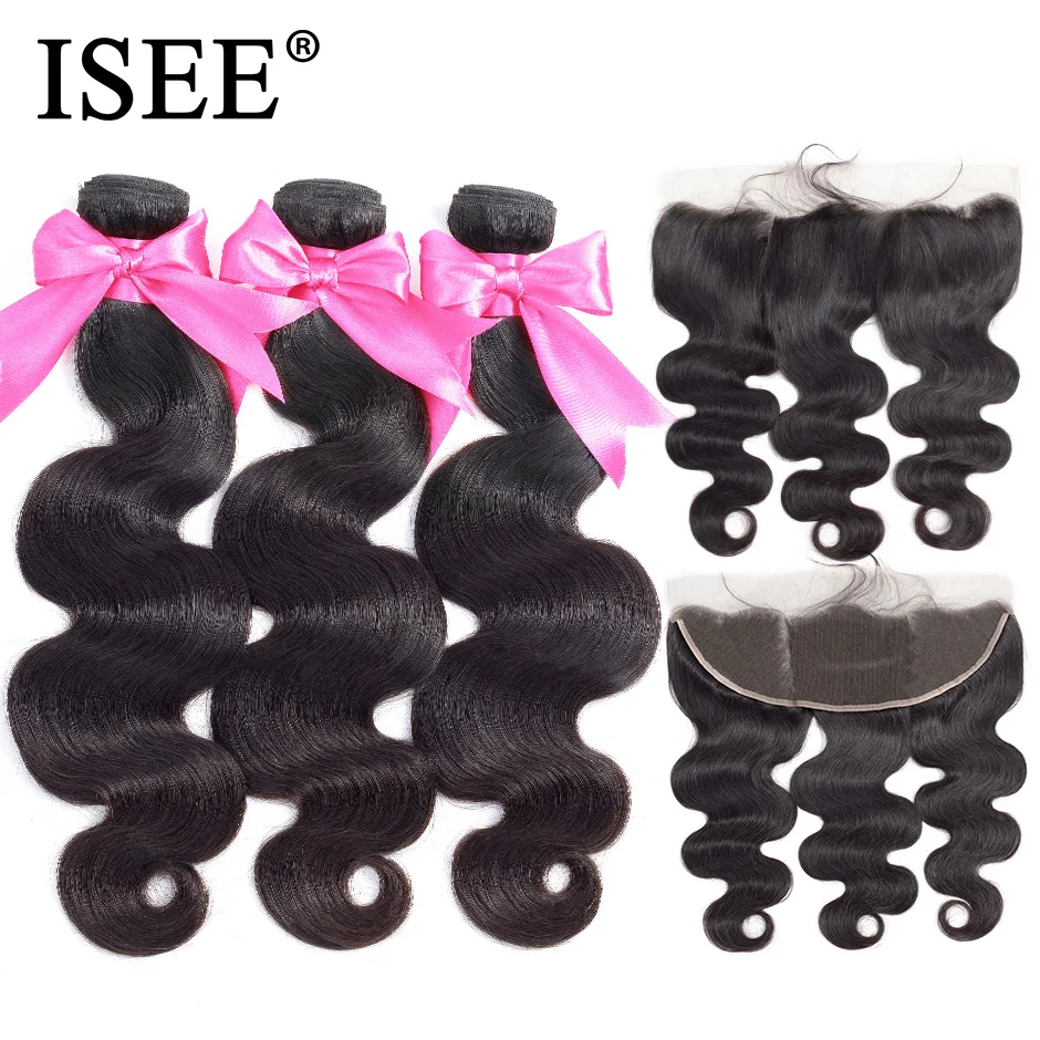 Cena ISEE włosów brazylijski doczepy typu body wave z Frontal 100% Remy człowieka wiązki włosów z zamknięcie 13*4 czołowa koronki z wiązek