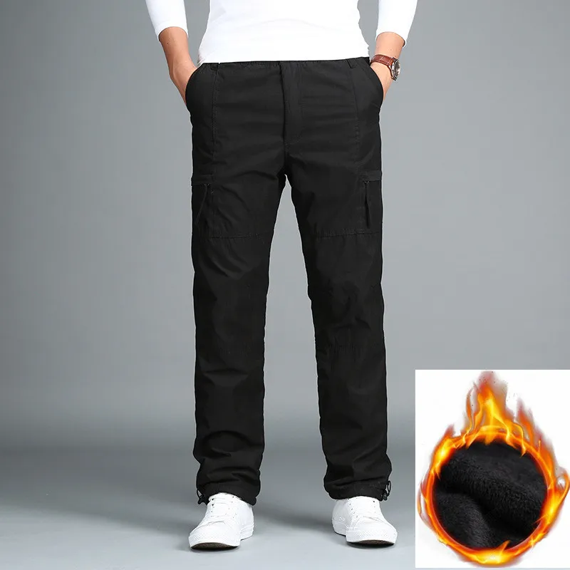 black Fleece Красивые Зимние флисовые мужские брюки свободного кроя с несколькими карманами, мужские двухслойные утепленные военные брюки размера плюс M-3XL - Цвет: black Fleece