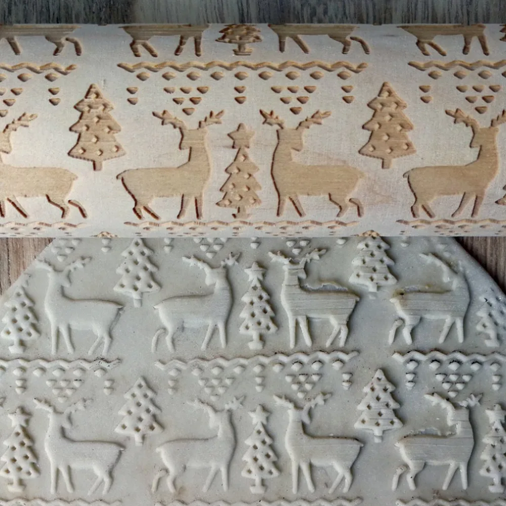 35cm Smiley Engraved Embossing Rolling Pin With Christmas Symbols For Baking Embossed Cookies Wooden Rolling Pins