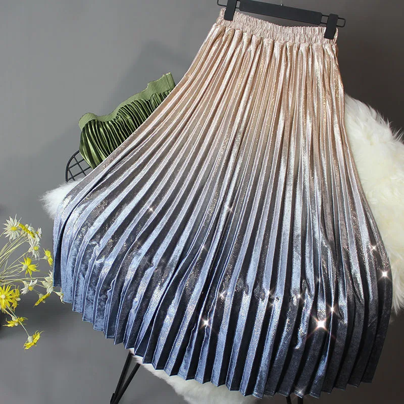 Блестящая бархатная плиссированная юбка средней длины с градиентом,, хорошее качество, удобная повседневная юбка трапециевидной формы с высокой талией, осенние женские теплые зимние юбки