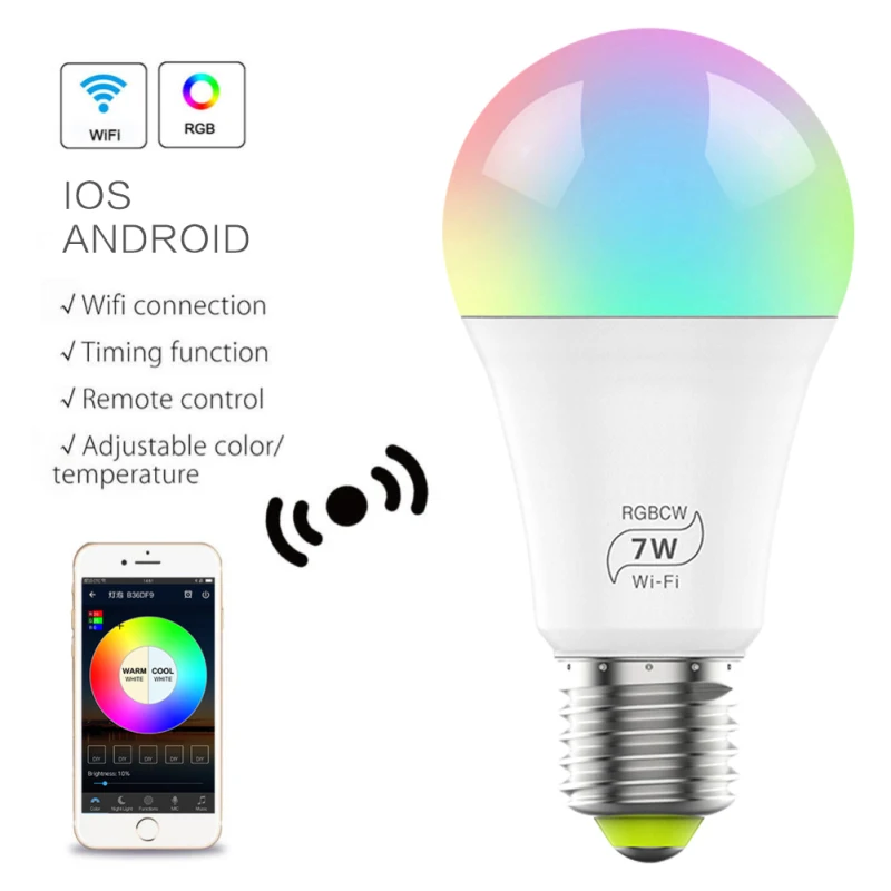 New Wireless Smart WiFi Light Bulb Led Lamp 7W RGB E27 Wake-Up Warm Lights Work with Alexa Google Home Lights 1pcs