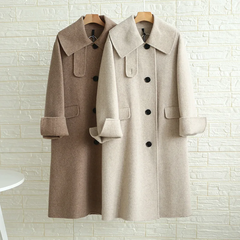 Новыя роскошная двусторонняя кашемировое пальто Оригинальное шерстяное пальто женский сплошной цвет длинные женские шерстяные пальто для женщин