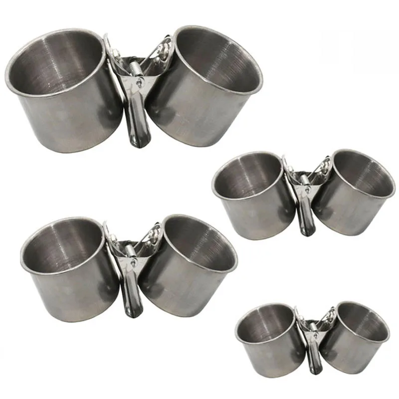 Vasos alimentadores de aves, alimentación de agua, vasos dobles con Clip de acero inoxidable, soporte de jaula para loros, suministros para aves C42