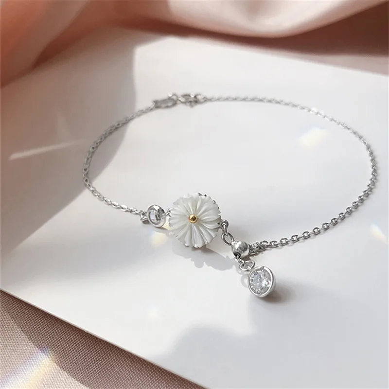 925 Sterling Silver Shell Daisy Anklet For Women Girls Tassel Zircon Round Bead Link Chain Boho Jewelry Gift anklet bracelets,silver anklets,ankle chain