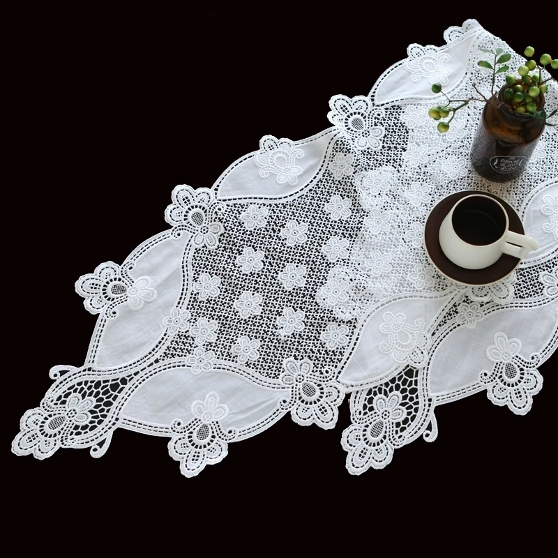 

British Style White Fashion Cotton Water Soluble Embroidery Table Runner Flag Pad Luxury Villa Hotel Coffee Camino De Mesa NEW