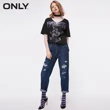 Только женские летние новые хлопковые bf ветер низкая талия отверстие укороченные джинсы прямые свободные | 118349584