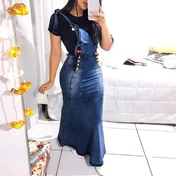 

Women's Denim Suspender Long Skirts 2020 Black Fashion Slim Wrap Hip Female Skirt Summer High Waist Mermaid Clothes Ladies