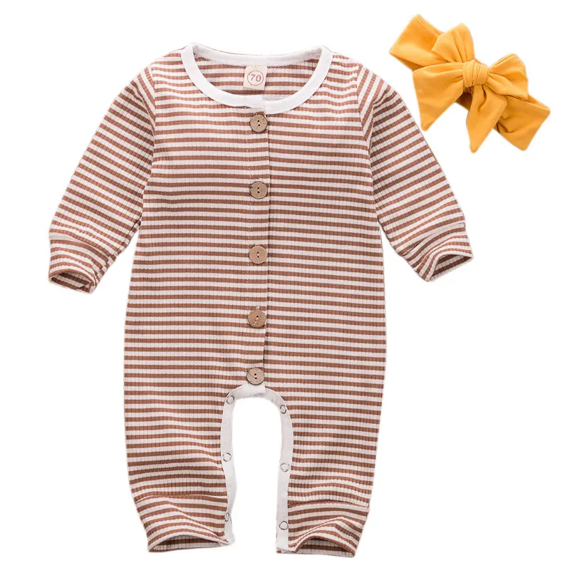 

2PCS Newborn Baby Girl Boy Clothes Spring Autumn Long Sleeve Striped Button Romper Jumpsuit Playsuit Outfits