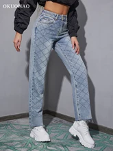 Womens Straight Jeans Tassel Retro Blue Wash Check Pattern Embroidery Wide Leg Denim Pants Five Pockets Loose Casual Trousers