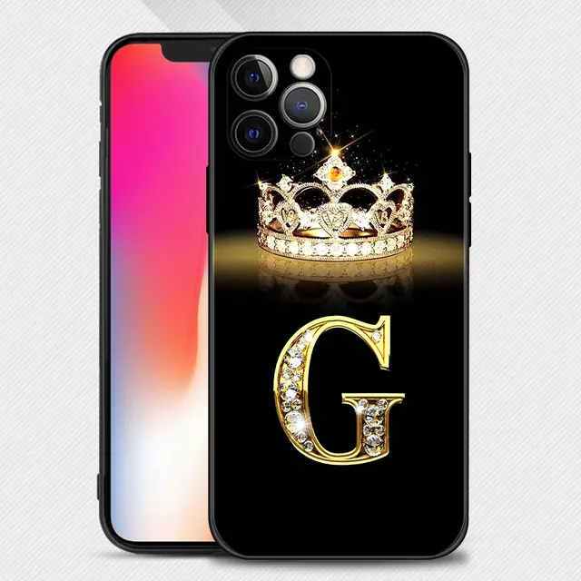 Case For iPhone 11 13 12 Pro Max XS XR X 8 7 6s 6 Plus 7 8 5 5S Soft Cover Fundas Silicone Capa Shell Diamond Crown Letter B10