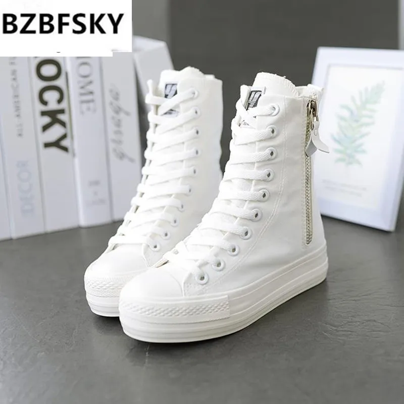 

2020Women Sneakers High Top Flat Canvas Shoes With Zip Side Canvas Shoes Flat Woman Platform Leisure boots