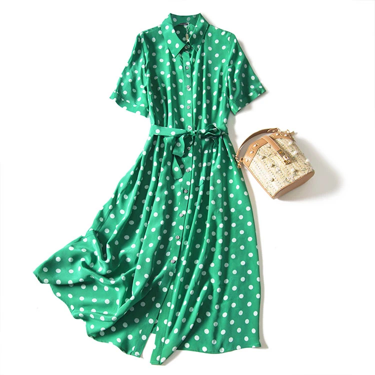

New Hepburn temperament retro wave point Collect waist belt blockbuster show thin silk silk emerald dress