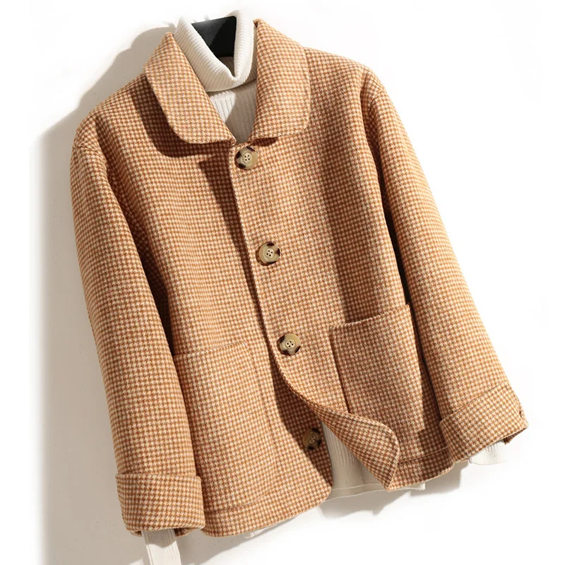 Houndstooth Camel Шерсть и сочетания Женщина Новые Осень и Зима Повседневный Короткая Однобортный Тонкий Отложной воротник Шерсть и смесовой материал - Цвет: Houndstooth Camel