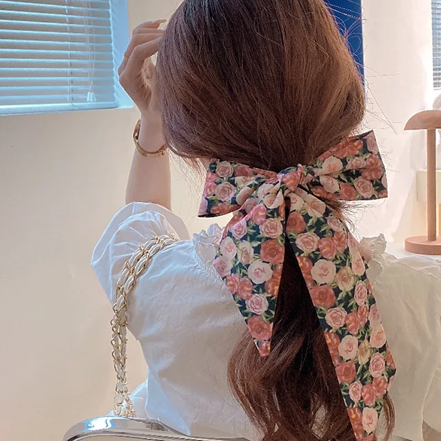 Women Silk Scarf Headband Female Tied Hair Summer Ribbon Retro French Bow Korean Horsetail Bundle Japanese Girl Hair Headdress Headband 8