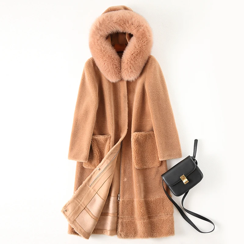 Top Sheep sheared coat female long section 2019 new fox fur hooded one Haining fur wool coat jacket 1 Top Sheep sheared coat female long section 2019 new fox fur hooded one Haining fur wool coat jacket 1