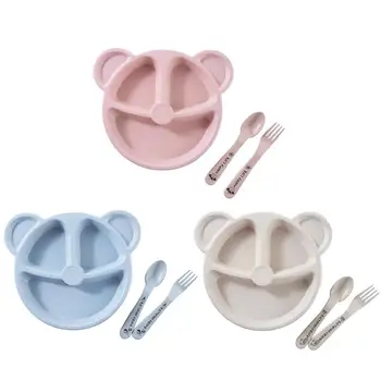 

3pcs Wheat Straw Baby Feeding Tableware Bear Kids Anti-hot Dinnerware Set Baby Feeding Props Three Case Plate for Baby Eating