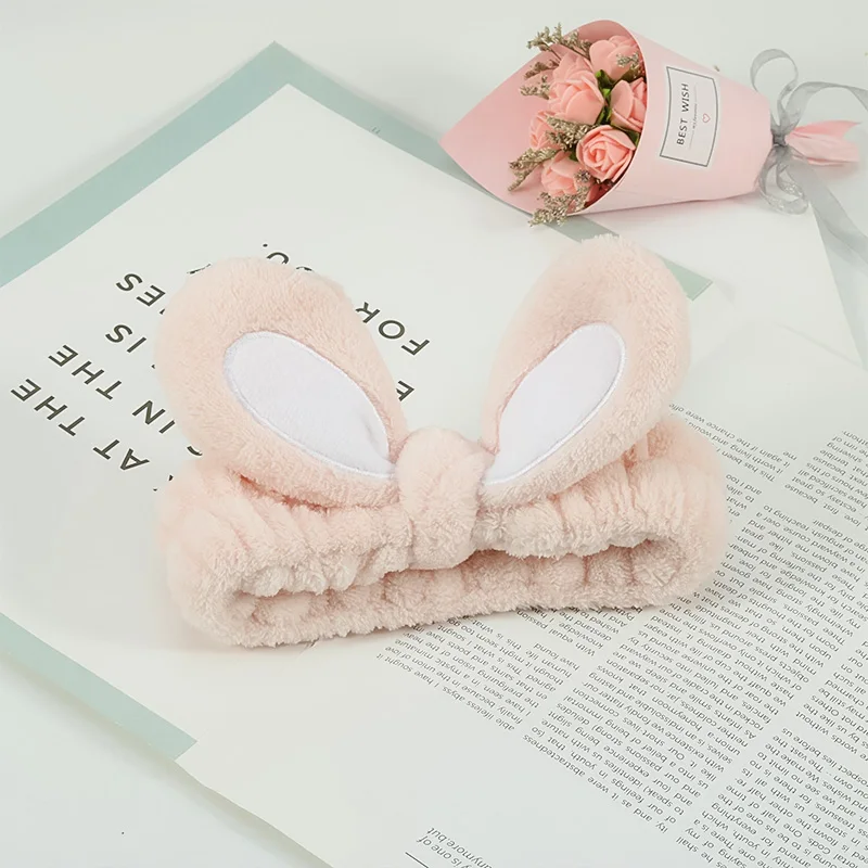 Girl cute soft rabbit ears hair band velvet cartoon cosmetics wide-brimmed headband jewelry multi-color headband spa package - Color: apricot