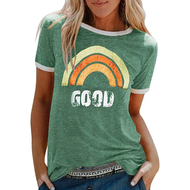T shirt ladies Women Summer Letters rainbow Printing Short Sleeve Shirt round neck Casual Tunic Tops