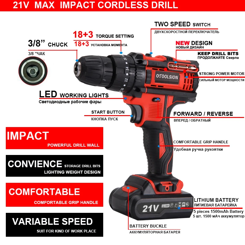 21V Dual Speed Impact Cordless Screwdriver Small Drill Electric Tools Hammer Drill Screwdriver Cordless Drill+Handbag Bag