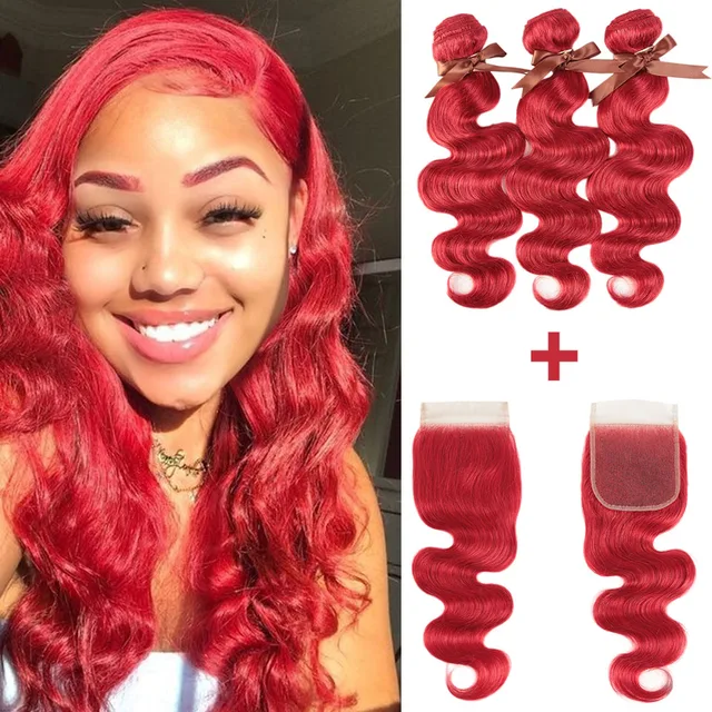 $US $57.47 Remy Forte Body Wave Bundles With Closure Red Bundles With Closure Brazilian Hair Weave Bundles 3/4 Bundles With Closure