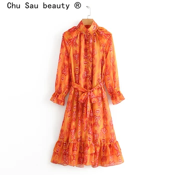 

Chu Sau beauty New Party Chic Flame Print Midi Dress Women Holiday Single-breasted Summer Vintage Dresses Mujer Vestido De Moda