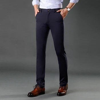 

BINHIIRO Men's Pants Four Seasons can wear Business British Style Casual Pants Male Elastic Solid color Slim Suit Pants Men 1117
