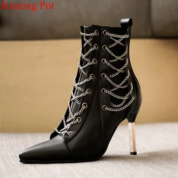 

fashion comfortable pu big size zipper pointed toe chains ankle boots high heels office lady solid nightclub winter shoes L81