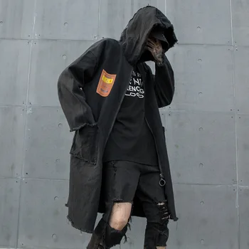 

Male Vintage Loose Casual Long Denim Trench Coat Outerwear Overcoat Men Streetwear Hip Hop Punk Gothic Hooded Windbreaker Jacket