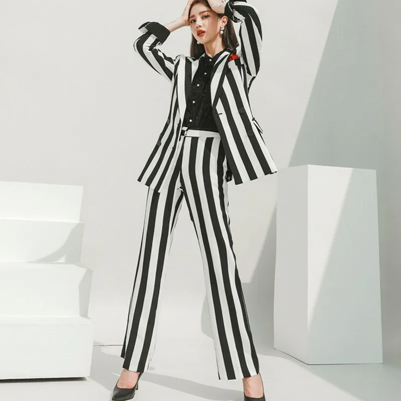 

ZAWFL New Elegant Autumn Stripe Double Breasted Ladies Pant Suits Formal Blazer Female Work Wear Jacket Trousers 2 Pieces Set