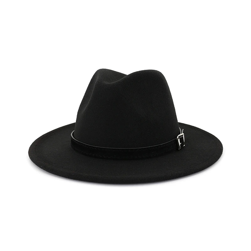 FS белая шерстяная фетровая джазовая шляпа для мужчин и женщин с широкими полями шерстяная зимняя фетровая шляпа Панама шляпа Трилби с Поясом Вечерние шляпы 17 цветов - Цвет: Black fedora