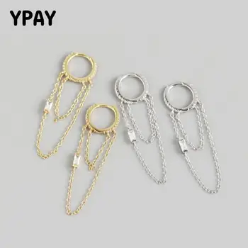 

YPAY 100% Genuine 925 Sterling Silver Square Zircon Earrings for Women Europe INS Long Tassel Chain Pendant Hoop Earring YME731