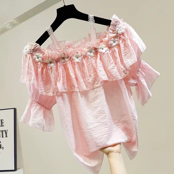 

Harajuku Blouse for Women Sumemr Beaded Diamond Fringed Three-Dimensional Flowers Decoration Sweet Off Shoulder Shirt Tops