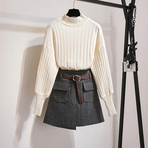 Вязаные свитера с пышными рукавами Топы+ твидовые однобортные мини-юбки с высокой талией женские топы на осень и зиму комплект юбок - Цвет: suit