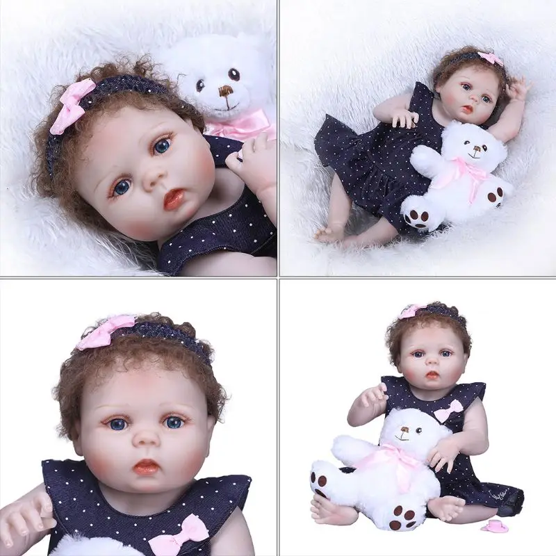 

22inch Full Silicone Lifelike Doll Polka Dot Skirt Bow Headband White Bear Early Childhood Kids Baby Toy R9UE