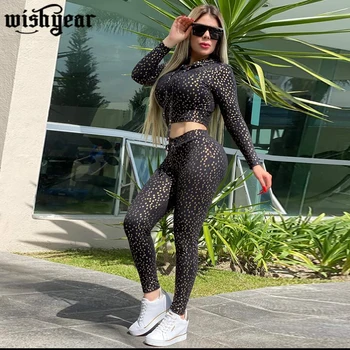 

Bronzing Polka Dots Tracksuits Women Casual Two Piece Set Long Sleeve Hooded Sweatshirt Crop Top+ Pencil Pants Sportswear