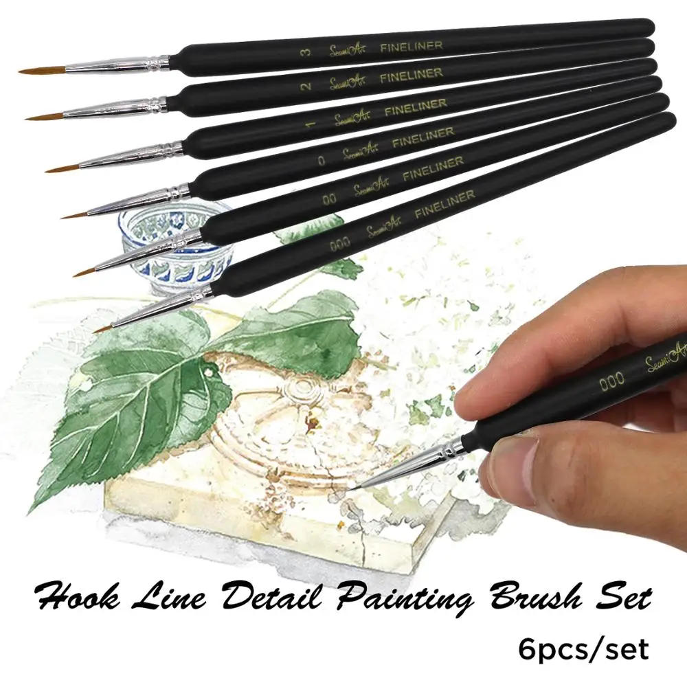 SeamiArt 6Pcs Fine Hook Line Pen Different Size 000 00 0 1 2 3 Paint Brush Artist Gouche Watercolor Acrylic Painting Supplies | Канцтовары