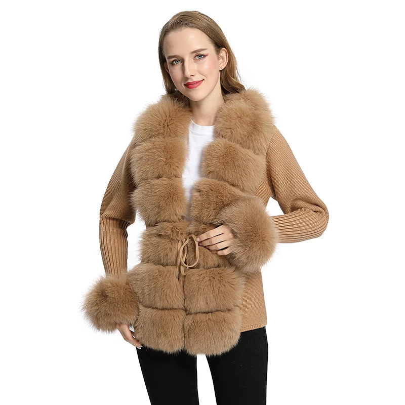 

Winter Women Korea Short Warm Wool Knitted Real Fox Fur Trim Cardigan Sweater MJF-S-04