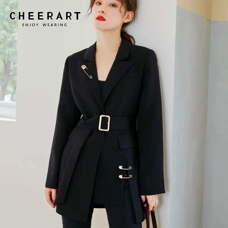 CHEERART женский черный блейзер с поясом весна 2020|Пиджаки| |